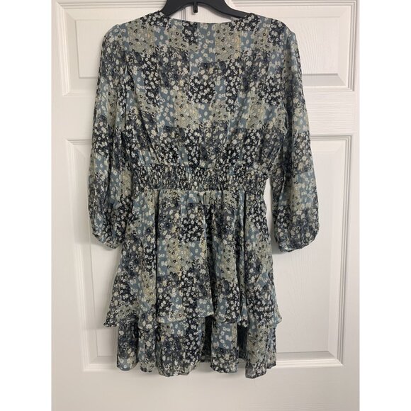 Mimi Chica Size L Floral Patchwork Sheer Smocked Midi Dress Feminine - Picture 3 of 7